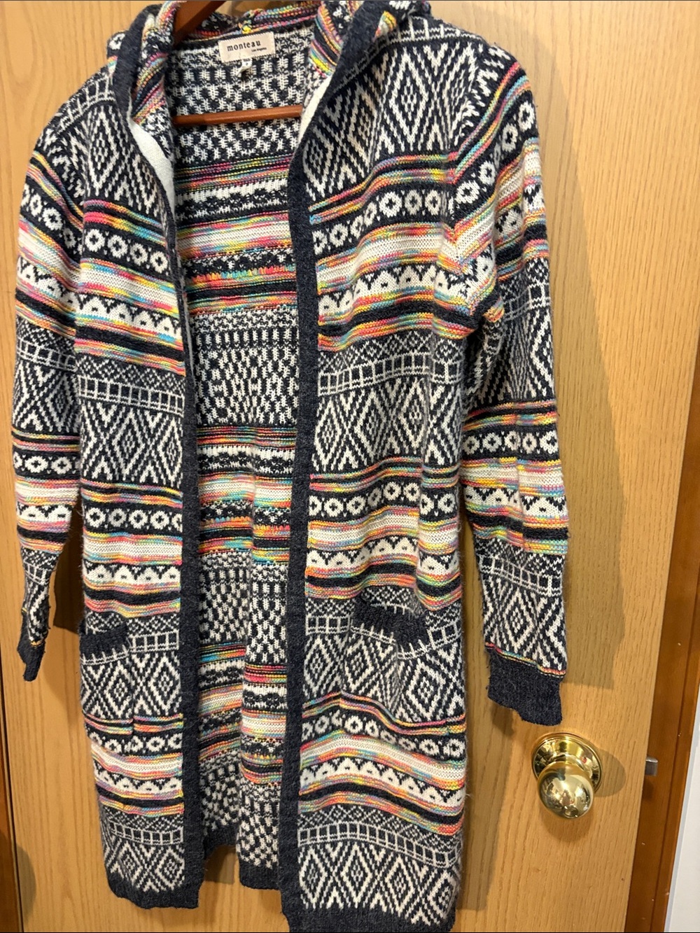 Monteau Navy and White Hooded Open-Front Cardigan with Multicolor Stripes